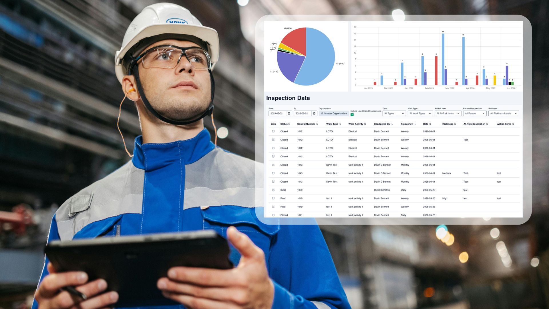 Industrial worker using OptimoEHS safety management software on tablet.